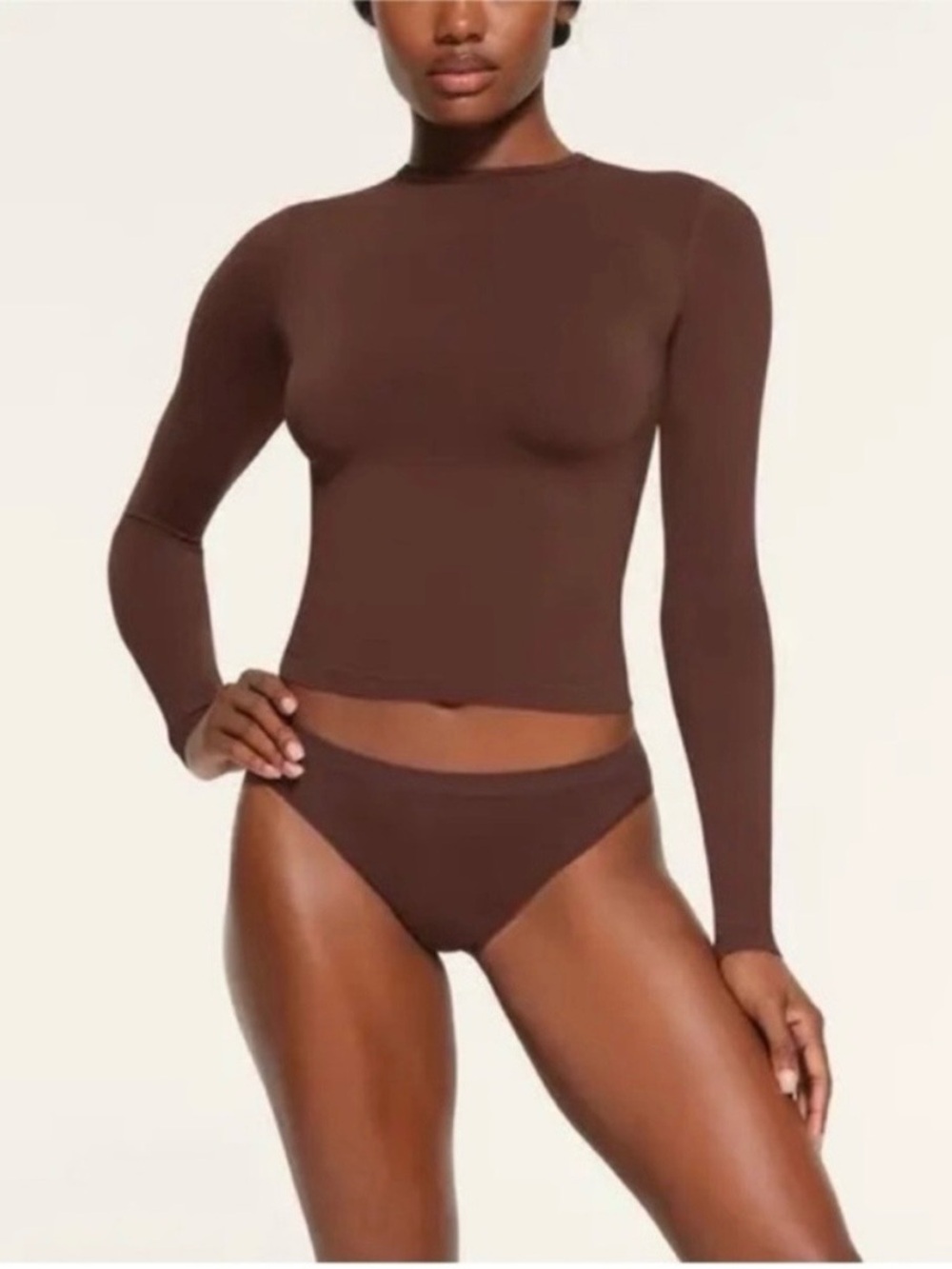 SKIMS Long Sleeve Crewneck Top in Chocolate Brown
